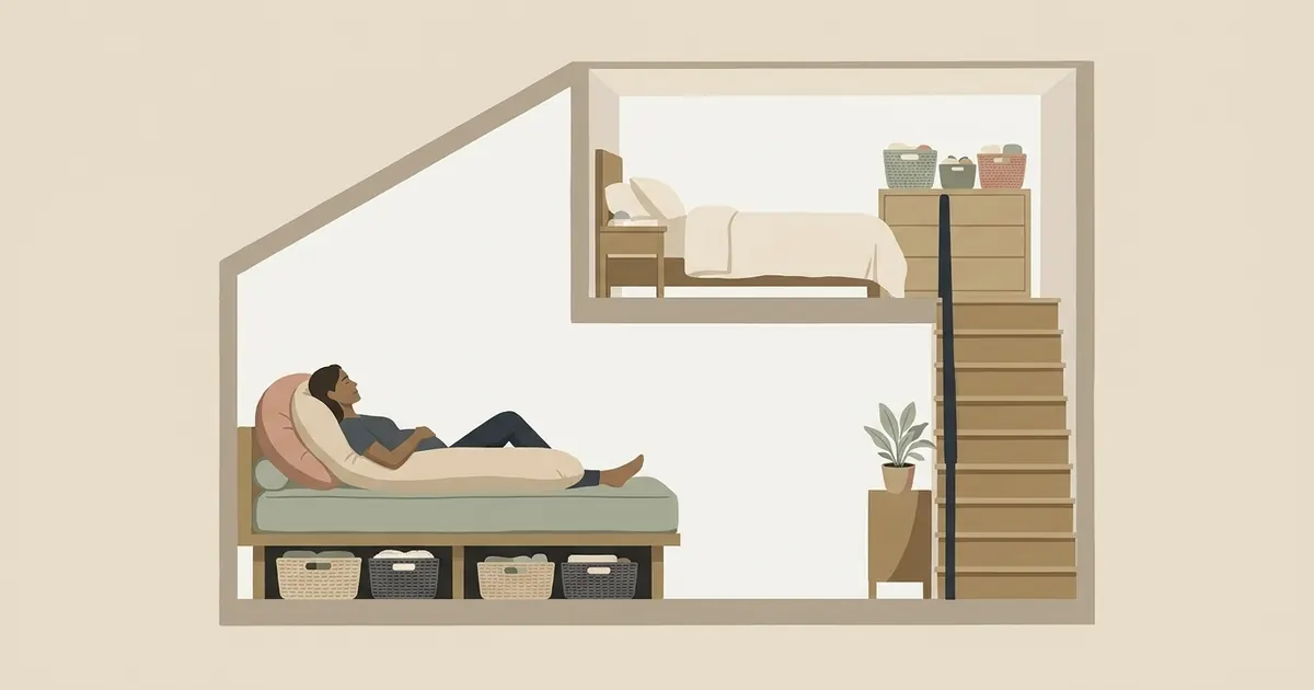 A tidy bedroom on an upper floor with a made bed, a body pillow arranged along one side, a nightstand holding a water bottle and phone, and a staircase visible through the open doorway