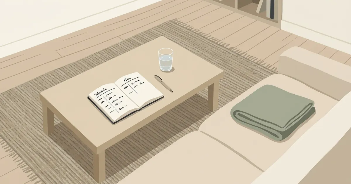 A tidy living room with a notebook open to a handwritten schedule, a water glass, and a folded blanket on the sofa