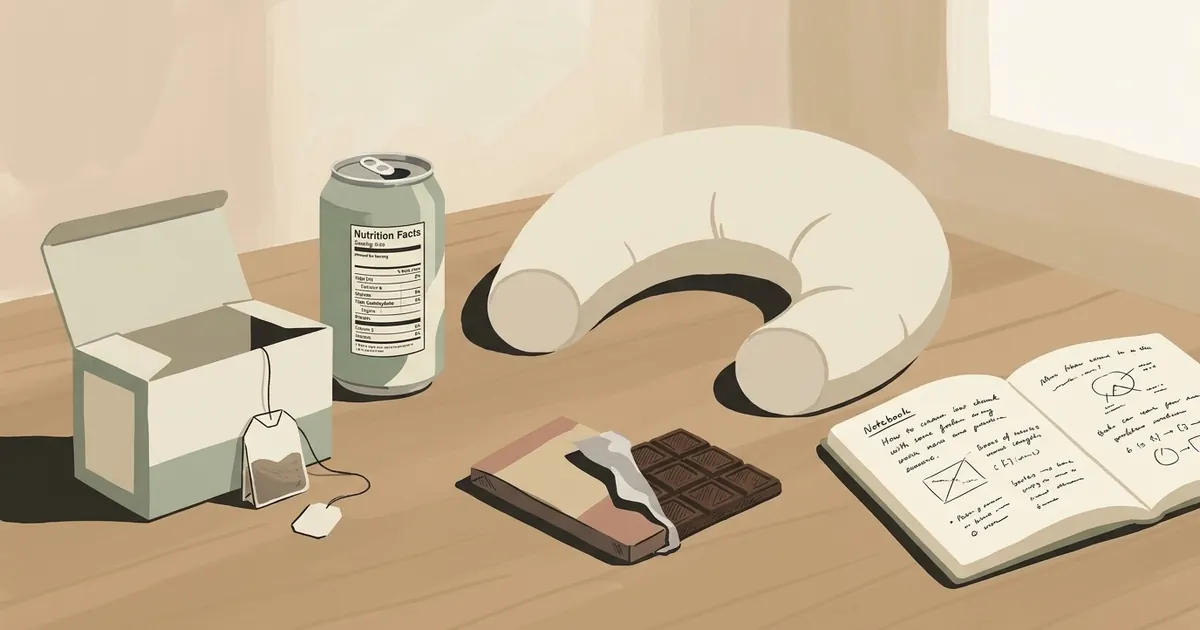 A pregnant person sitting at a kitchen table reading the label on a canned beverage, with a mug and a bar of dark chocolate also on the table