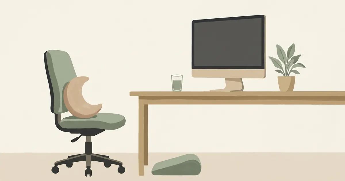 A pregnant person sitting at a desk adjusting their chair height, with a small crescent pillow resting on the seat beside them