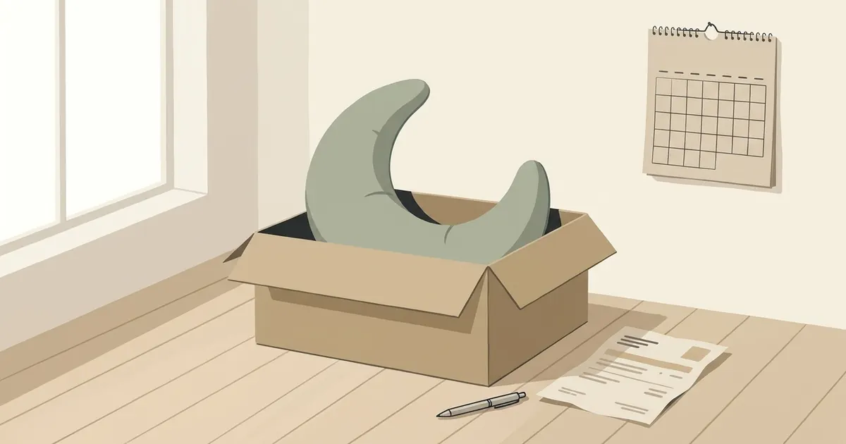 A crescent pregnancy pillow in its box beside a notebook open to a handwritten timeline, on a wooden desk