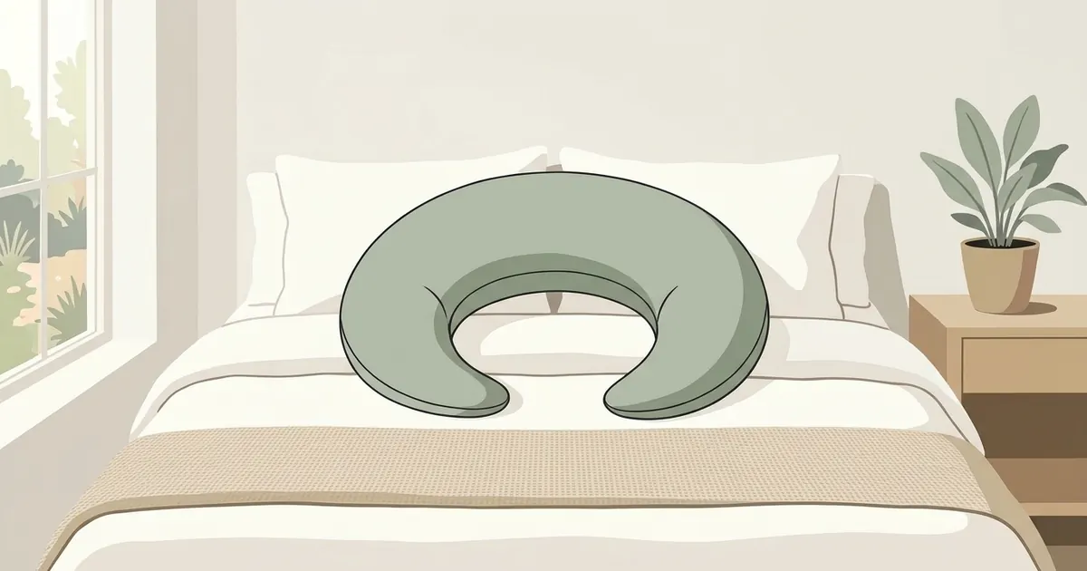 A crescent-shaped body pillow resting on a neatly made bed with a glass of water on the nightstand