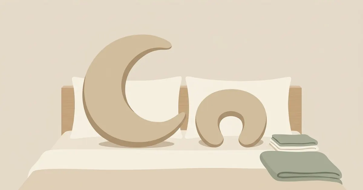 A full-length crescent body pillow beside a small C-shaped nursing pillow on a neutral bedroom surface