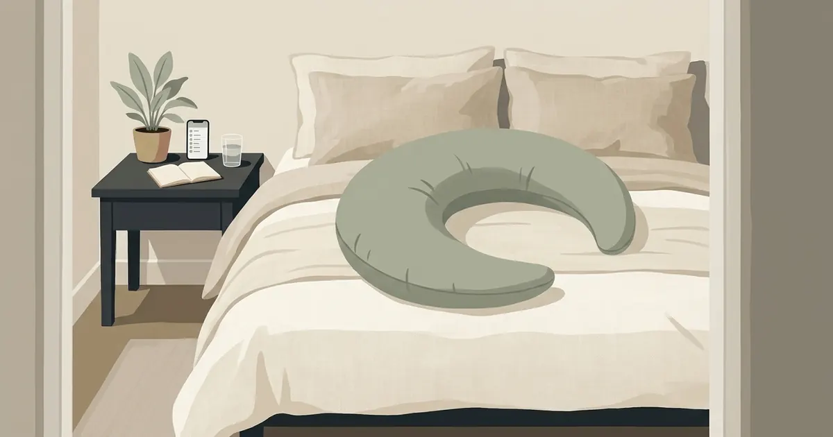 A tidy bedroom with a crescent body pillow on the bed, a notepad with contact names on the nightstand, and soft evening light