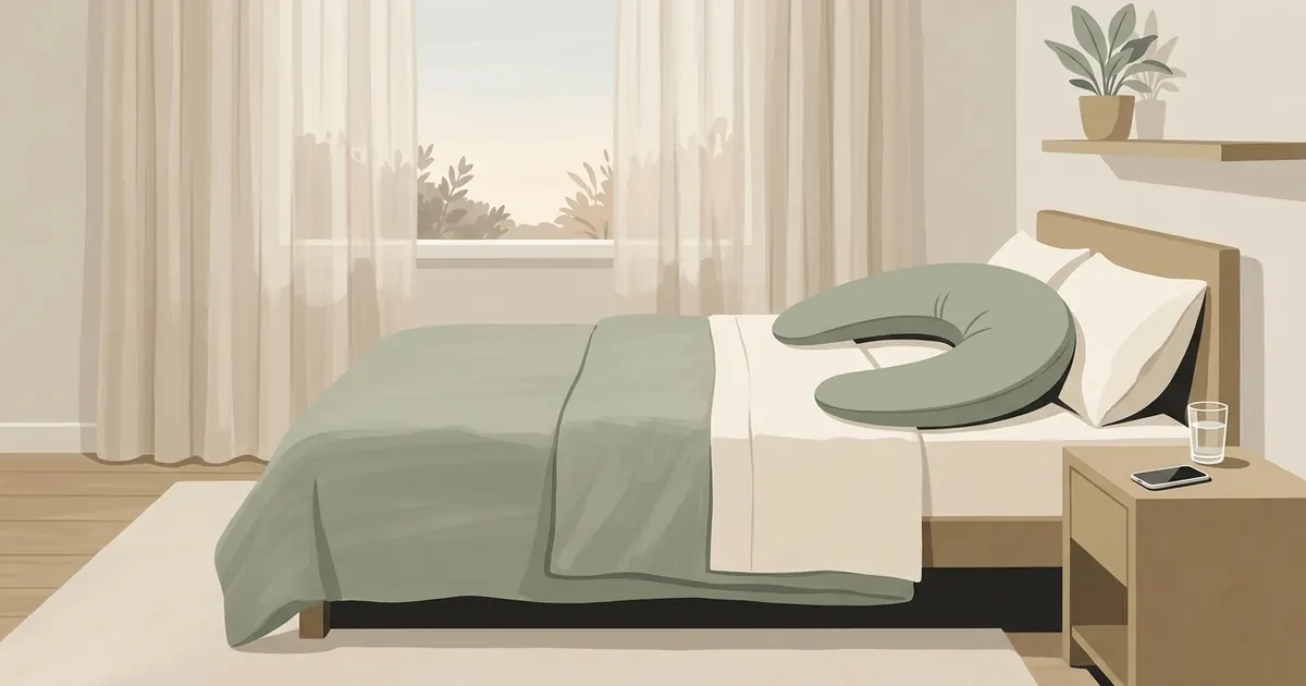 A made-up bed with a crescent body pillow and a glass of water on the nightstand, afternoon light coming through curtains