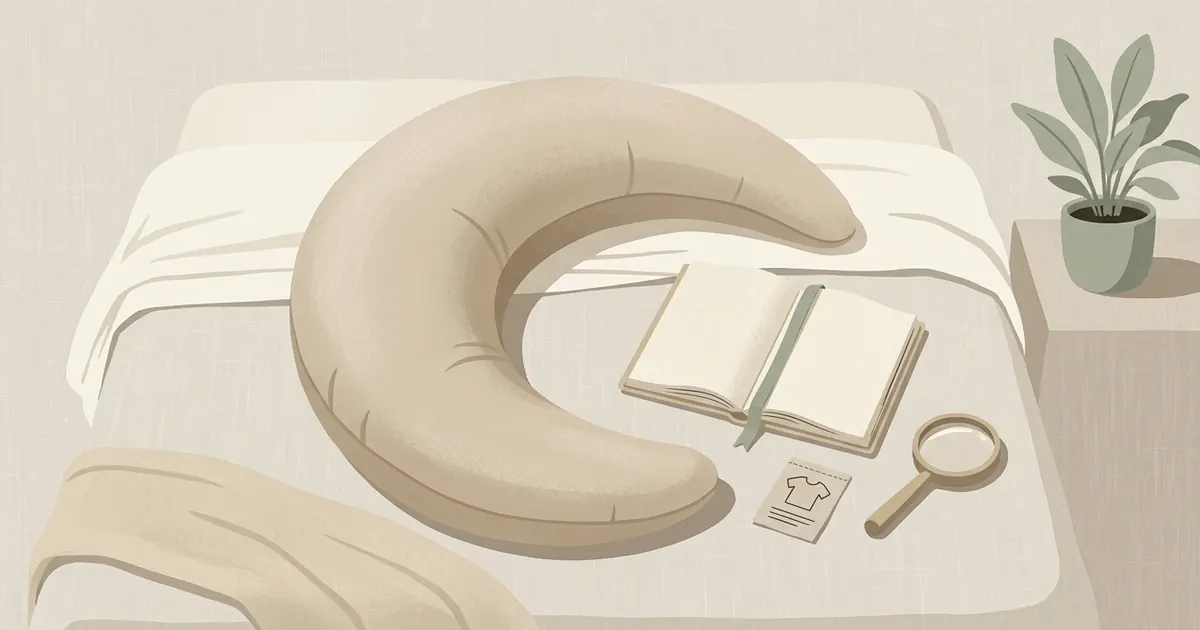 A crescent body pillow on an unmade bed beside a small notebook and pen, soft morning light