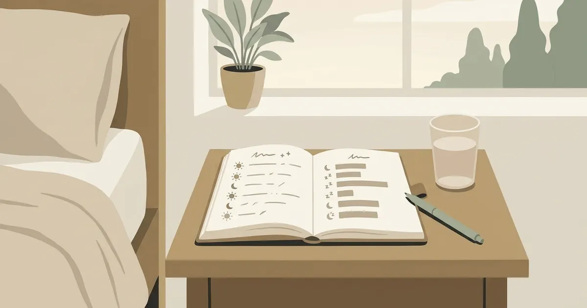 A small notebook open on a bedside table beside a glass of water, a pen, and a dim lamp