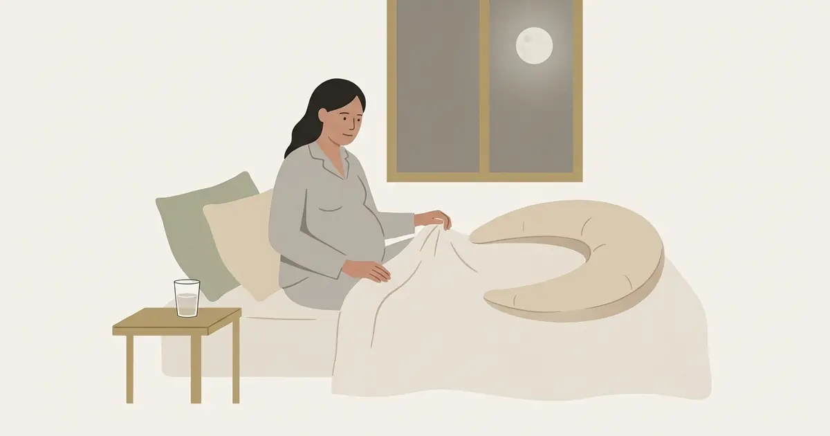A pregnant woman sits up in bed at night, pushing back the sheet, with a glass of water on the bedside table