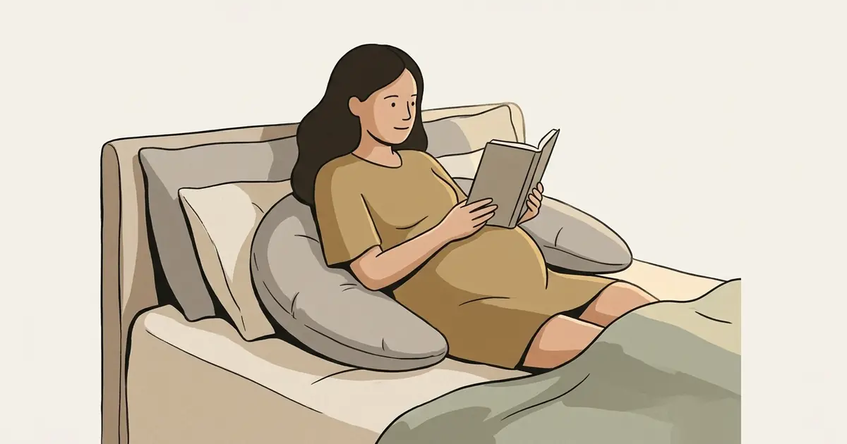 A pregnant woman sits up in bed reading, with a crescent pillow wrapped behind her back for support
