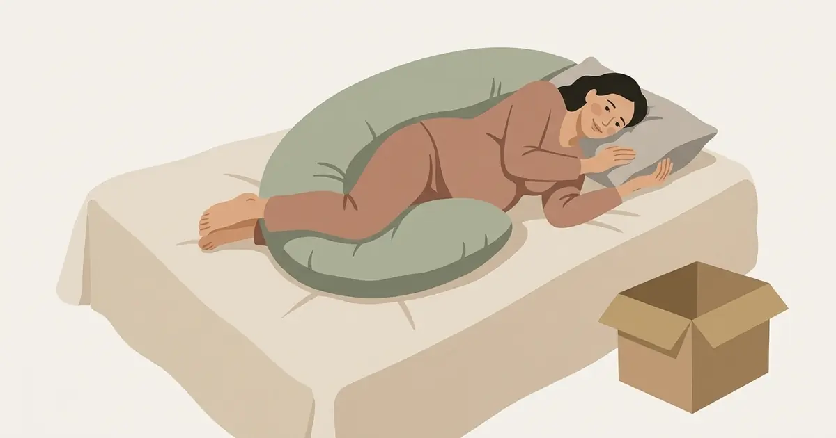 A pregnant woman lies on her side settling against a plump sage crescent pillow under her bump and between her knees