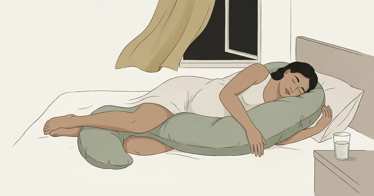 A pregnant woman sleeps on her side under a thin sheet beside an open window, a crescent pillow at her front