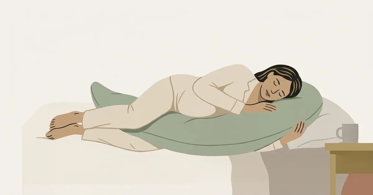 Bed-level view of a pregnant woman sleeping on her left side with the tip of a crescent pillow under her bump