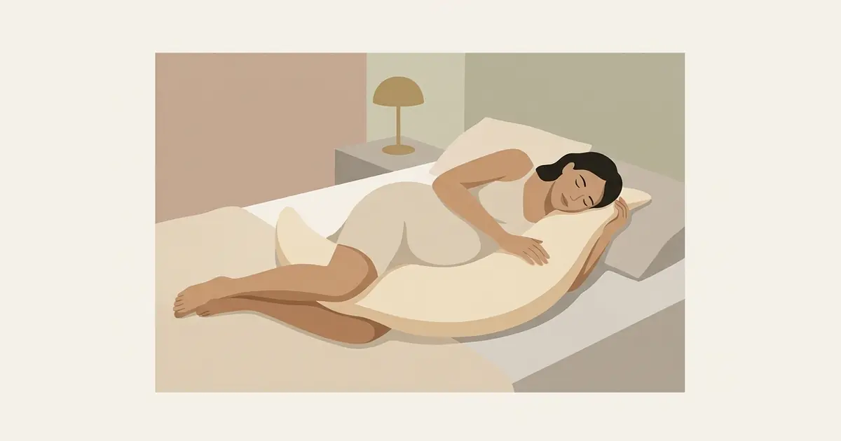 A pregnant woman sleeps on her side with a plump crescent pillow supporting her bump and resting between her knees