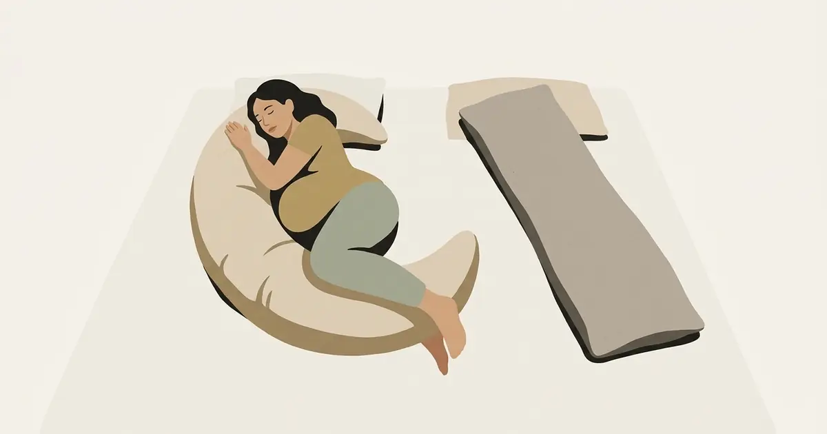 A pregnant woman sleeps on her side hugging a plump oat crescent pillow, beside a long straight grey body pillow on the other half of the bed