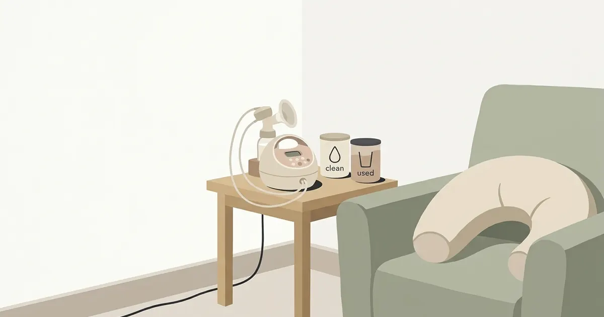 A tidy pumping station on a side table with pump, labeled storage bags, and a supportive chair nearby