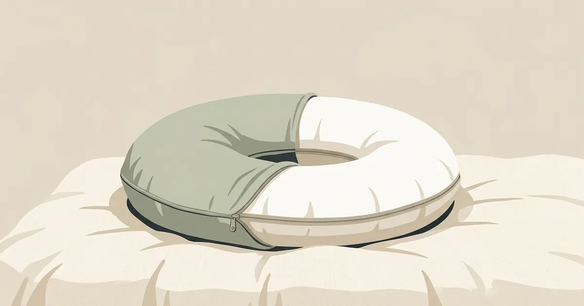 A crescent body pillow laid flat on a clean white duvet with a light fabric cover half-fitted, the zipper open along the straight inner edge