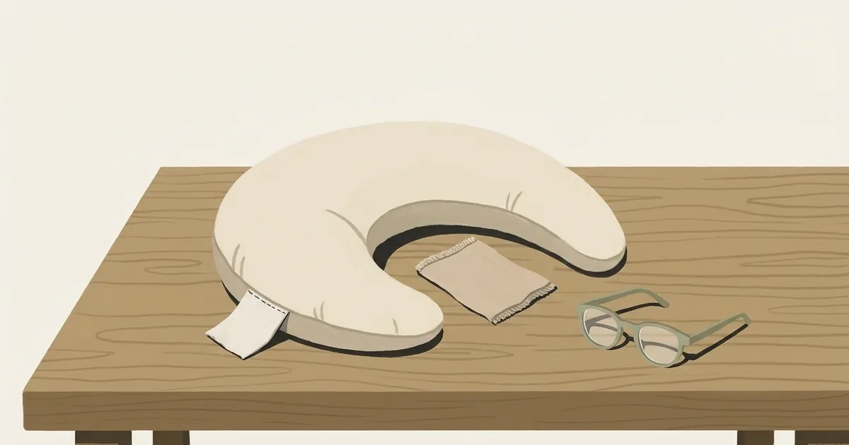 Close-up of fabric care labels laid flat on a neutral linen surface alongside a folded crescent body pillow cover
