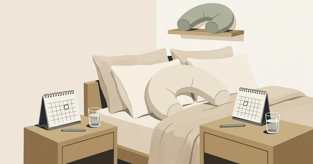 A tidy bedroom with a crescent body pillow on the bed, a wall calendar with days marked, and a small notebook open on the nightstand