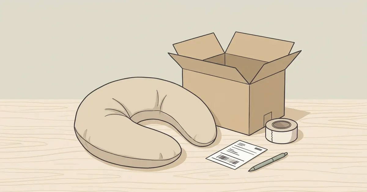 A folded body pillow in its cover resting beside a shipping box, packing tape, and a printed return label on a wooden table