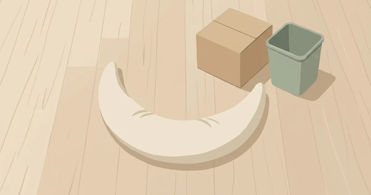 A crescent body pillow and its removable cover laid out on a wooden floor next to a cardboard box and a reusable tote bag