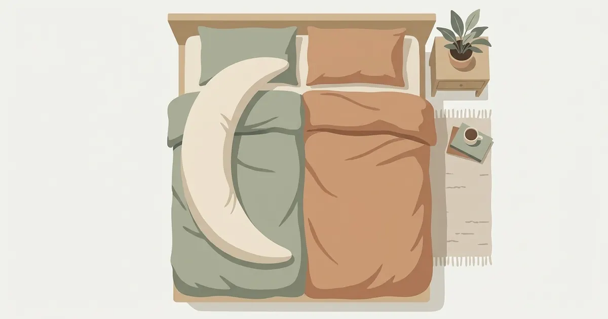A neatly made shared bed with two separate duvets and a crescent body pillow positioned along one side