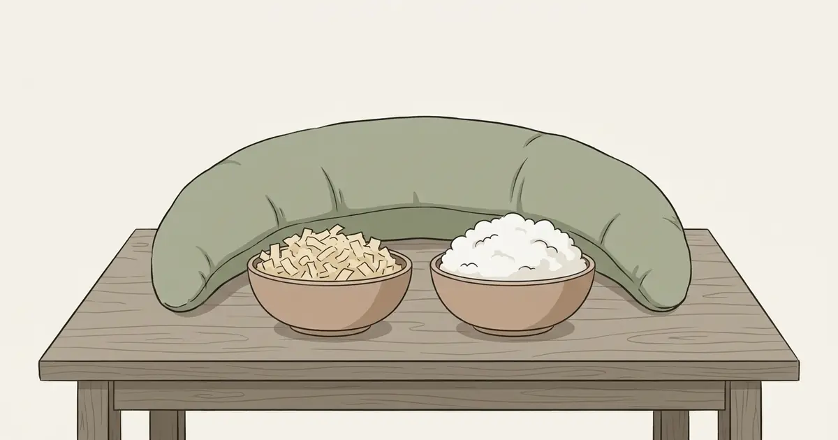Two shallow bowls on a table, one of shredded foam pieces and one of soft fibre fill, with a crescent pillow behind them