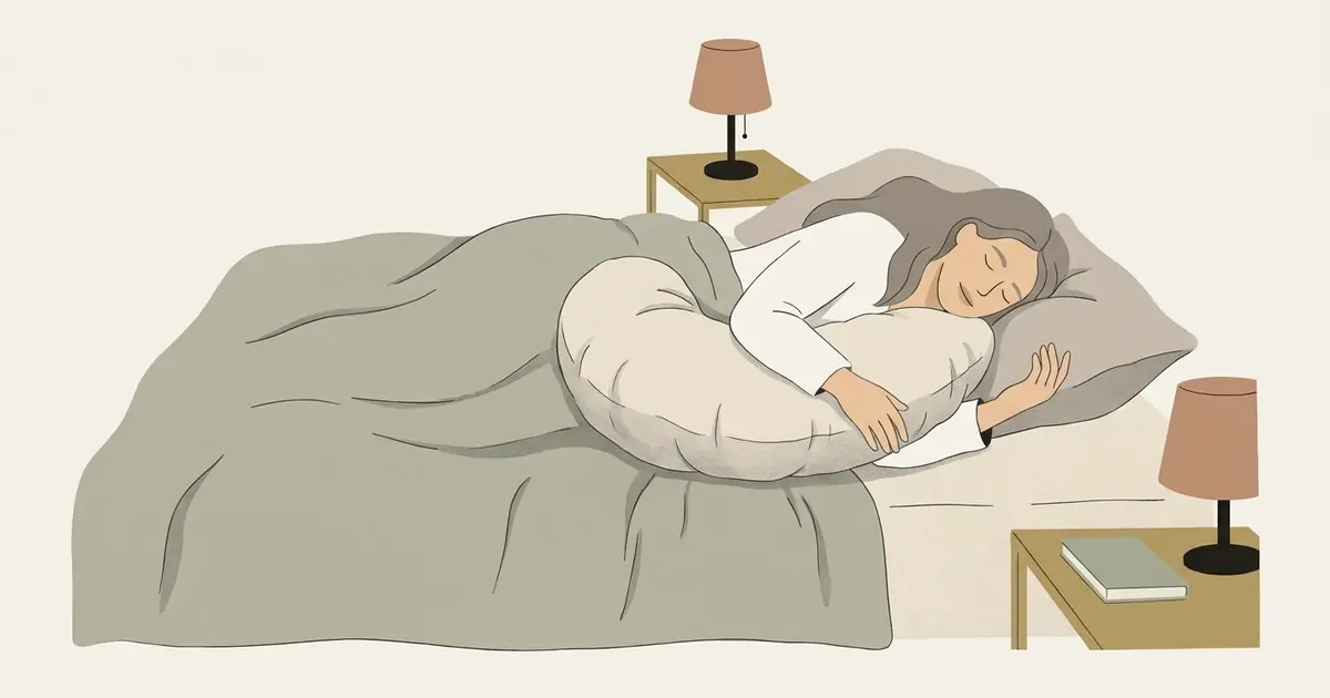 A woman sleeps on her side under a light duvet, hugging a plump oat crescent pillow that runs from her chest to her knees