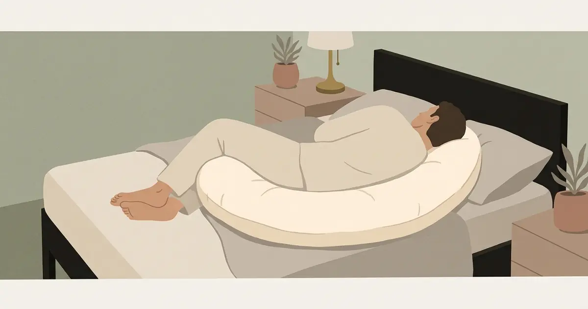 Seen from behind, a man sleeps on his side with knees gently bent and a crescent pillow between his legs and along his front