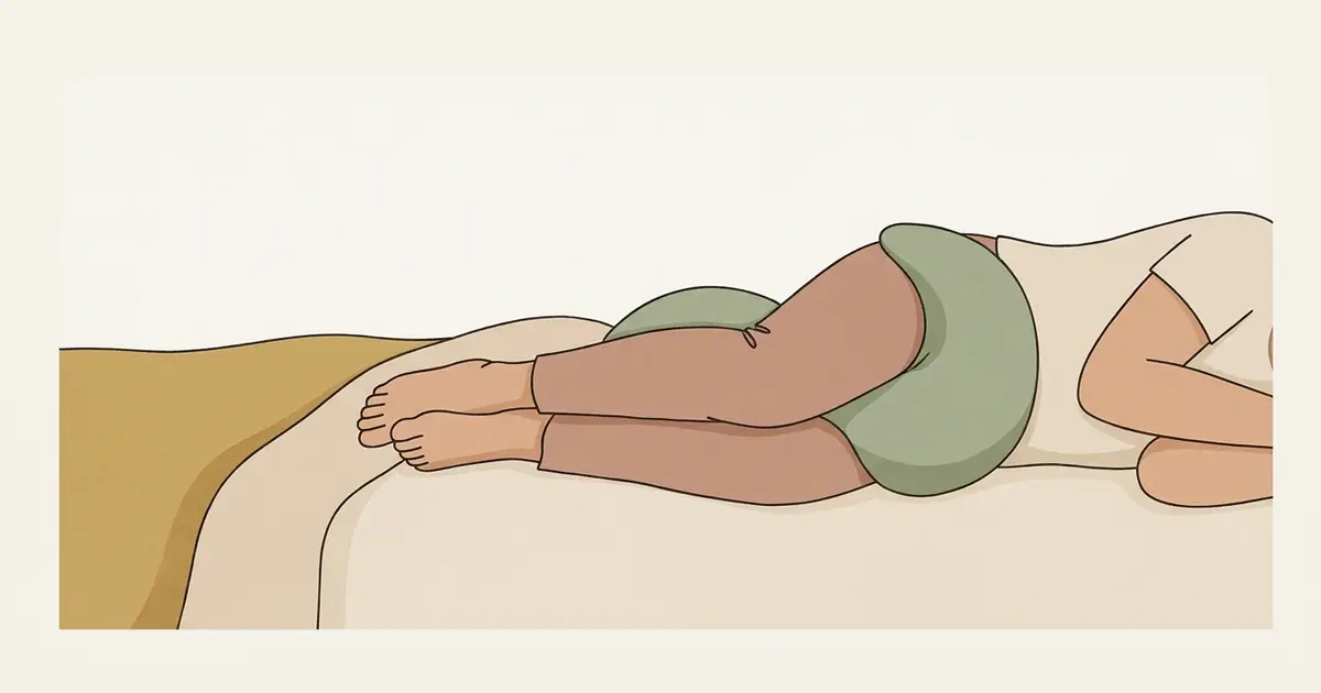 Close view from the foot of a bed of a side sleeper's legs with the plump end of a crescent pillow between the knees