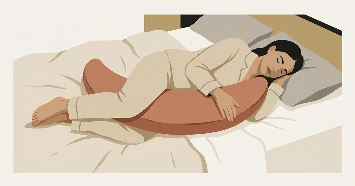 A woman sleeps on her side with her top arm resting over a plump clay crescent pillow, keeping her shoulder open