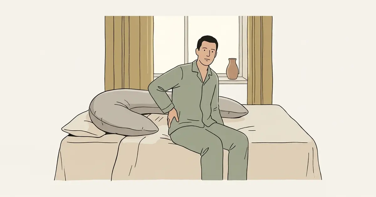 A man sits on the edge of his bed in the morning with one hand on his hip, a crescent pillow lying on the bed behind him
