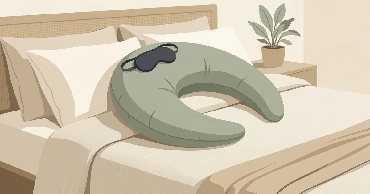 A crescent body pillow and a sleep mask laid out flat on a bed with white linens, seen from above