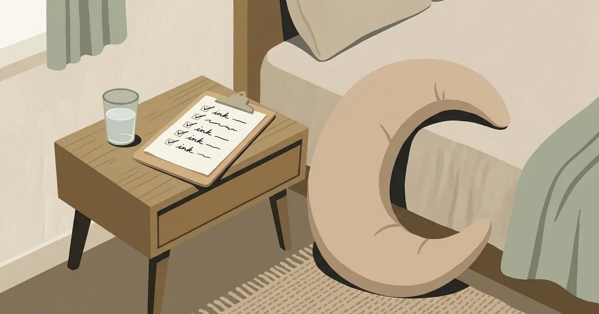 A clipboard with a checklist on a bedside table next to a crescent body pillow, soft lamp light, no people