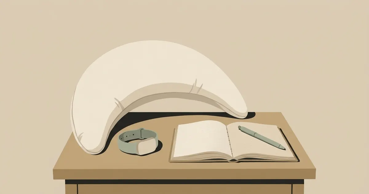 A wearable fitness tracker resting on a nightstand beside a pregnancy pillow and a small notebook with handwritten sleep notes