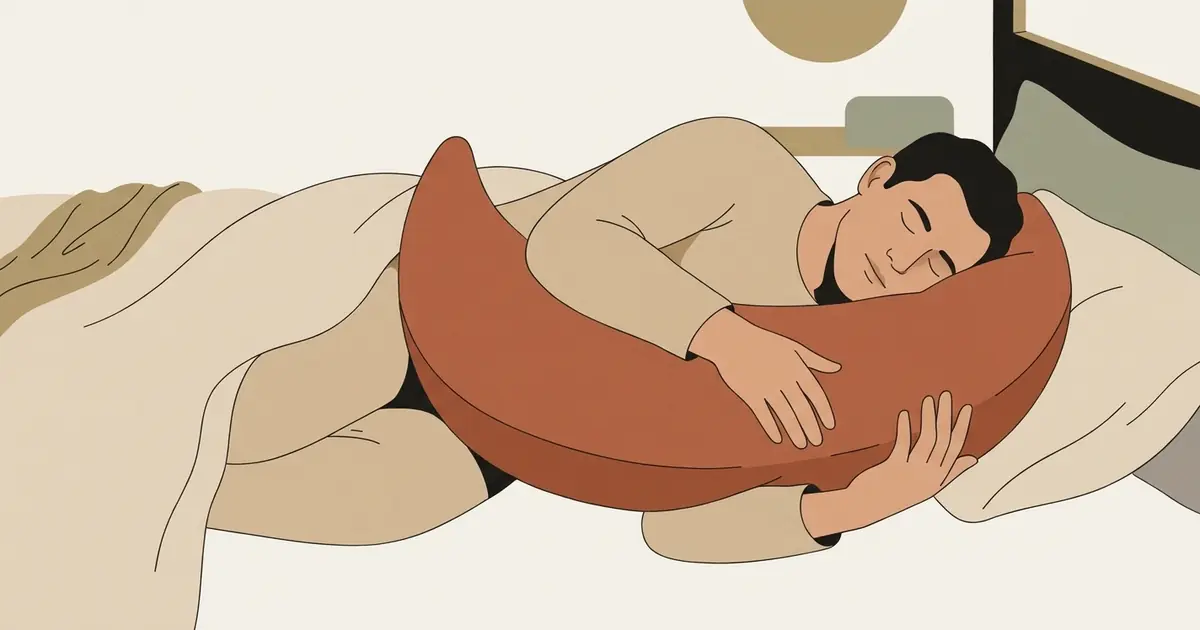 A man sleeps curled on his side with both arms wrapped around a plump crescent pillow