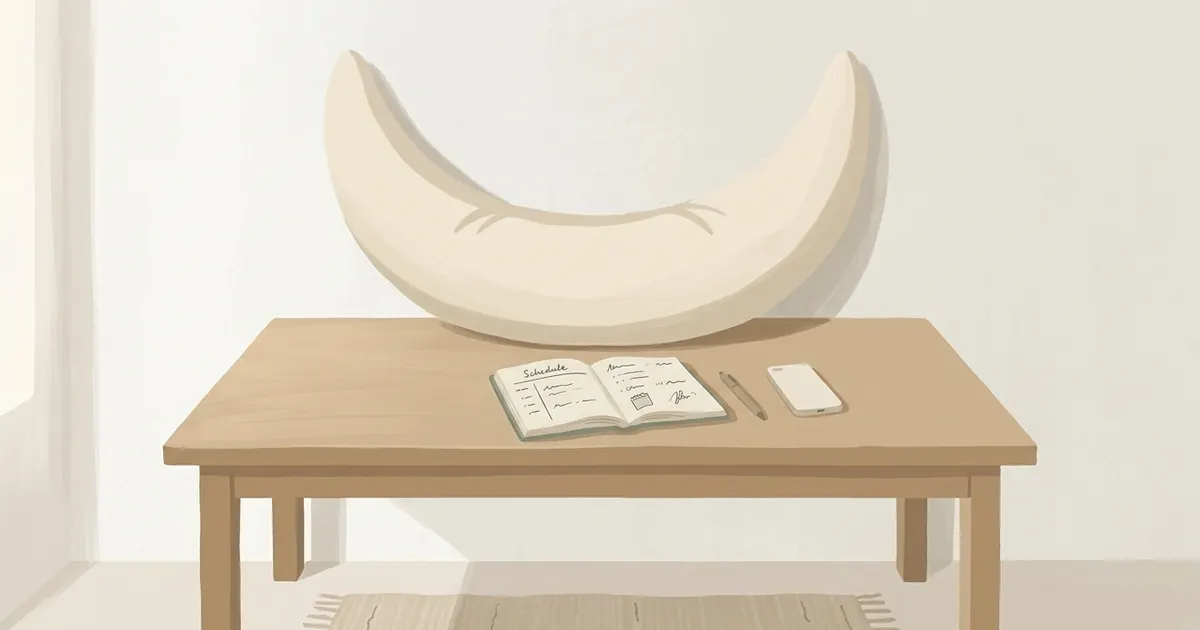 A tidy notebook open to a hand-written contact list on a bedside table, next to a crescent body pillow and a glass of water