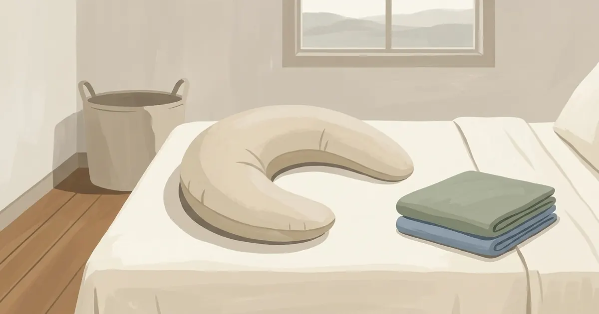 Two neatly folded body-pillow covers in different colors stacked on a white shelf beside a crescent body pillow