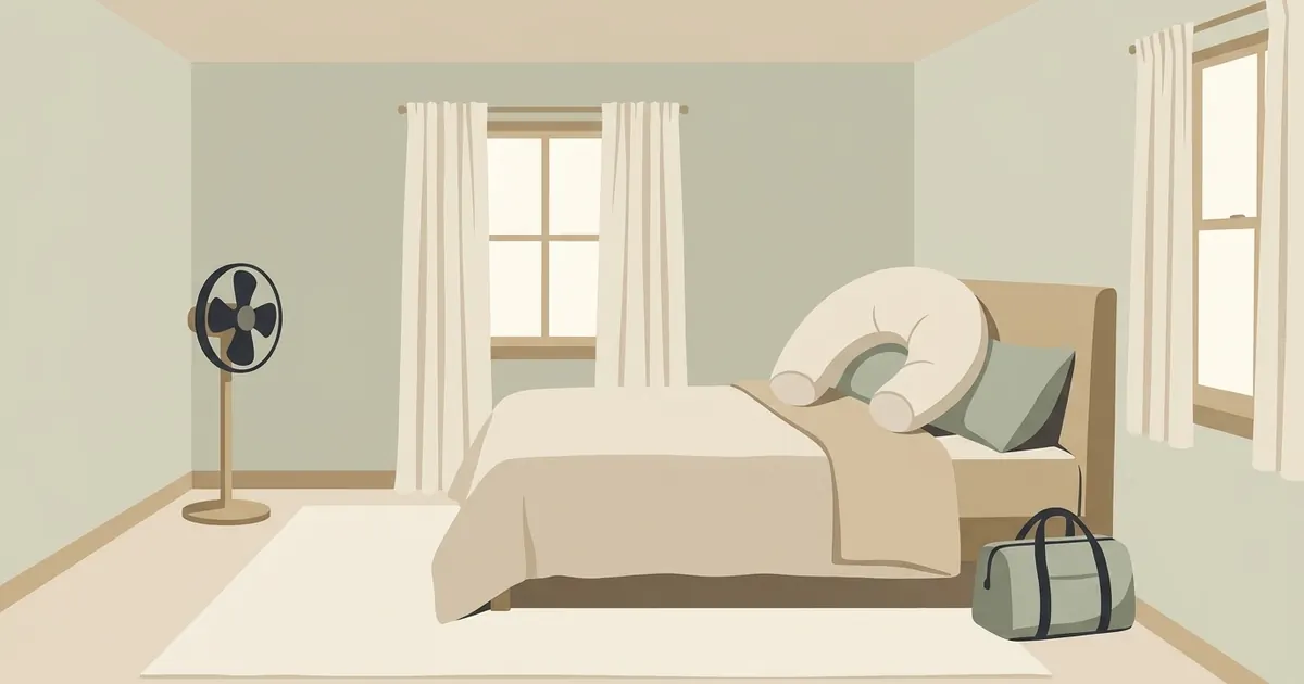 A packed overnight bag beside a full-length crescent body pillow on a neatly made guest bed, with a window and fan in the background