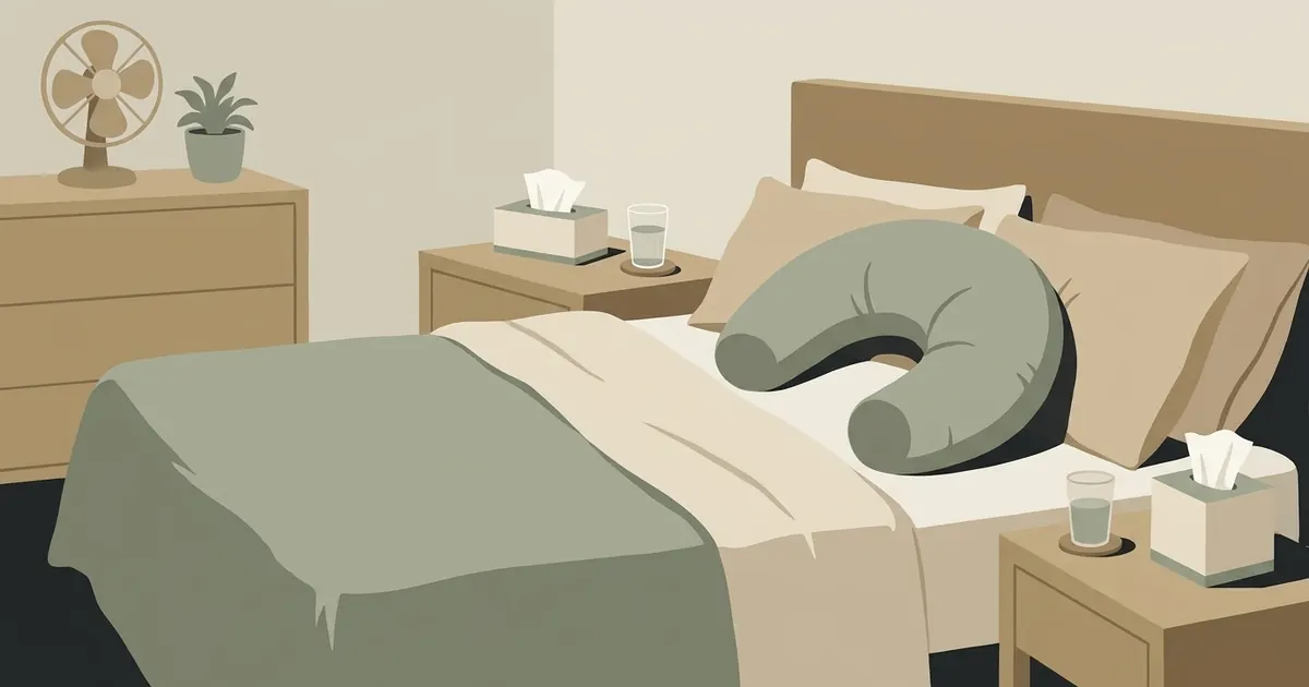 A person lying on their side in a dimly lit bedroom, tissues on the nightstand, a small fan visible in the background