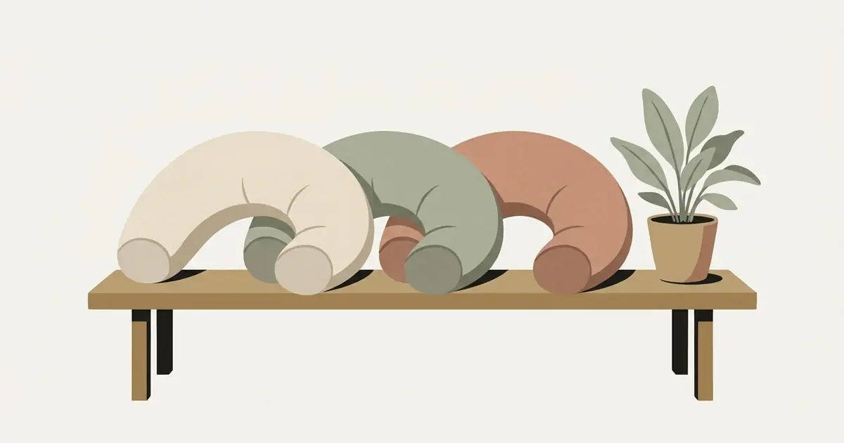 Three plump crescent body pillows in oat, sage and clay lying one behind another on a wooden bench