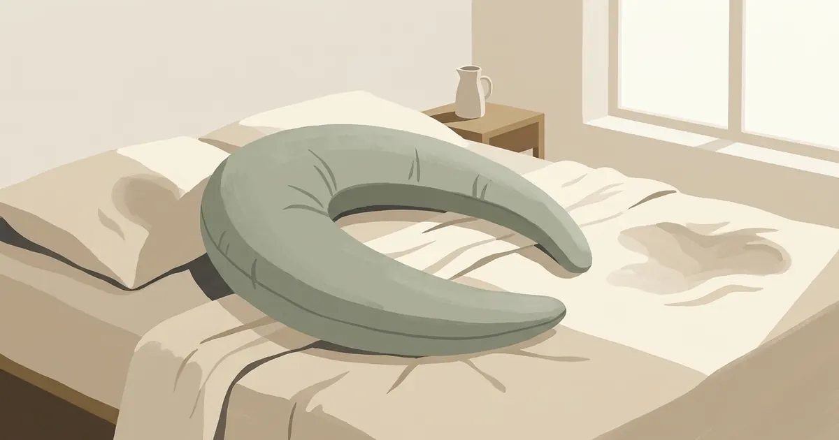 A crescent body pillow resting on a neatly made bed with folded white sheets