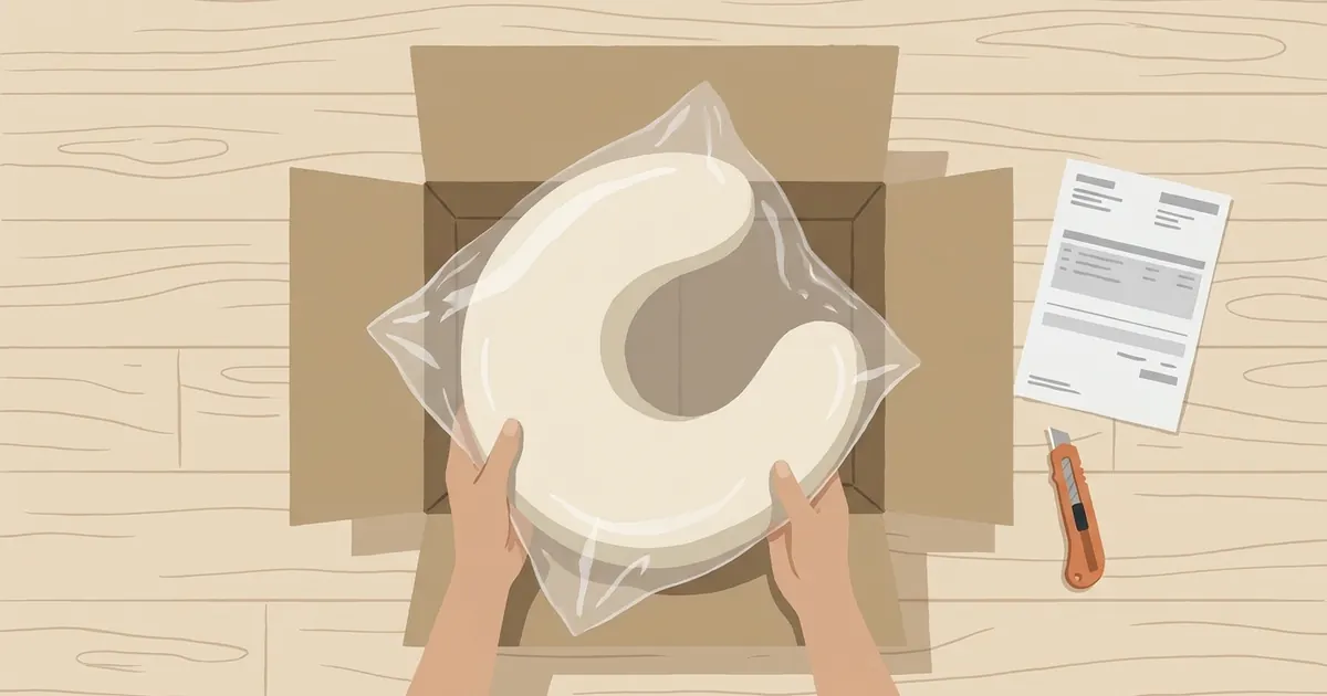 A sealed cardboard shipping box on a wooden floor next to a crescent body pillow still in its plastic wrap, with a pair of scissors placed beside it