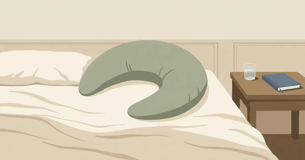 A dimly lit bedroom at night with a crescent body pillow on a neatly made bed, soft lamp light casting a calm glow