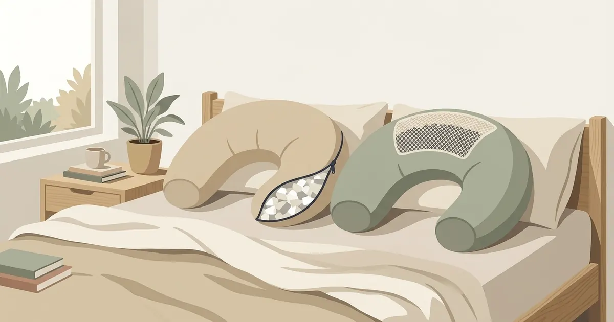 Two body pillows side by side on a bed, one with a visible inner layer of weighted beads and one showing shredded foam fill through an open zipper