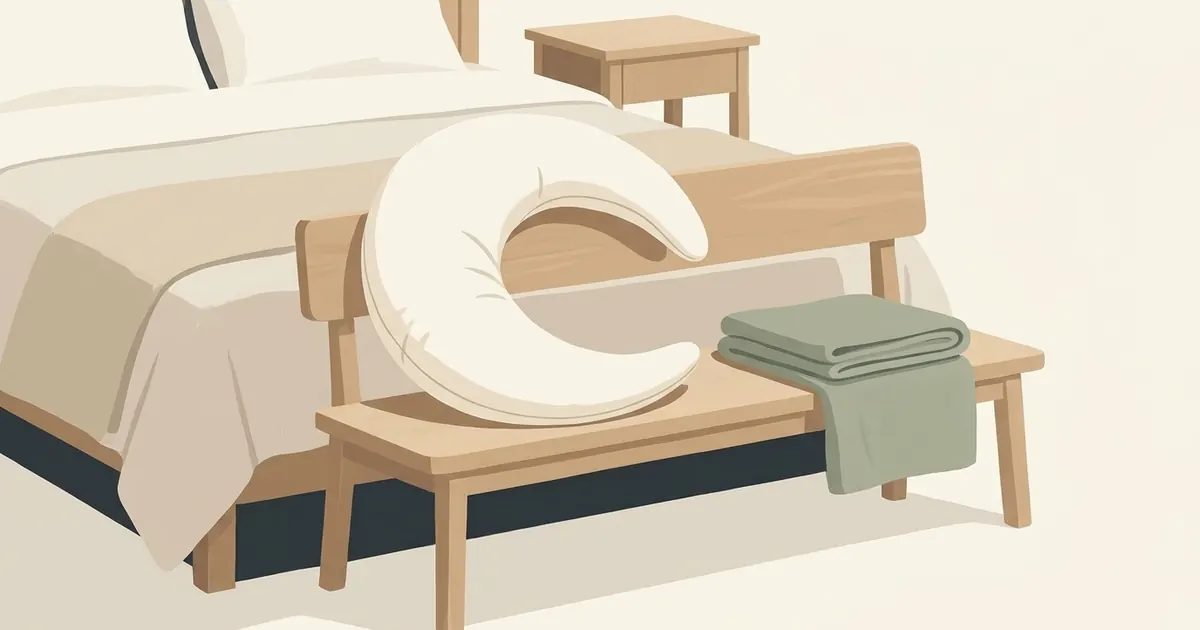 A large crescent body pillow resting on a neatly made bed in a tidy bedroom with natural light