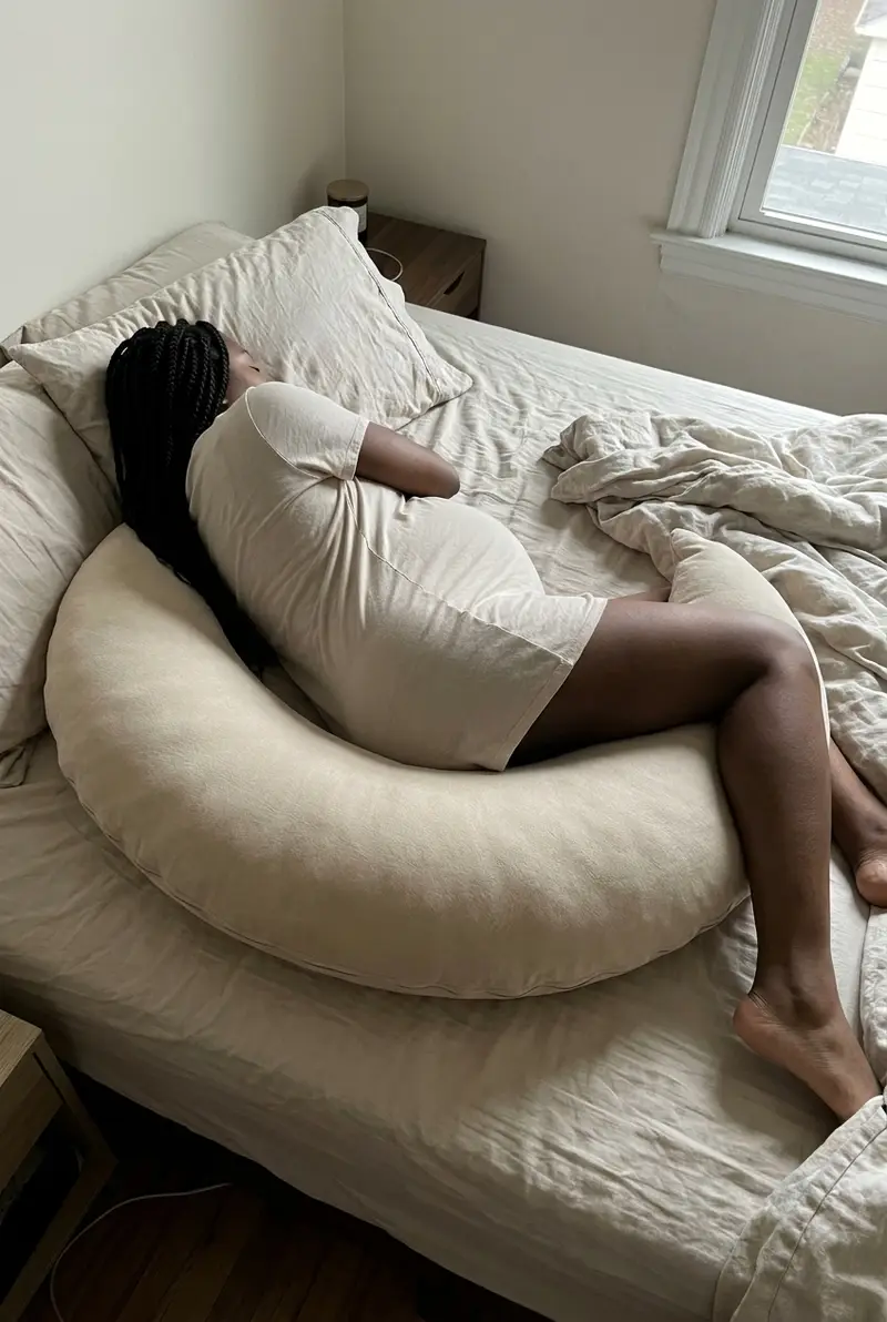 An expecting mother asleep on her side in The Cove Pregnancy Pillow in Oat