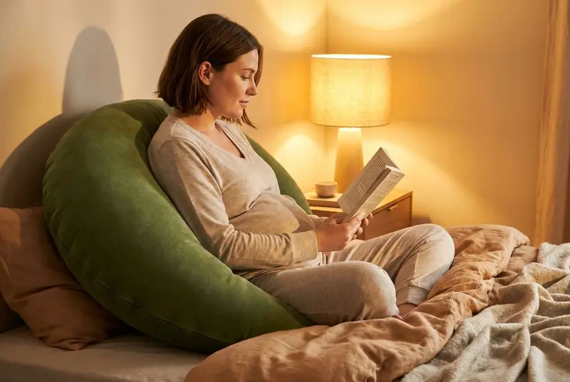 An expecting mother reading in bed against The Cove Pregnancy Pillow in Moss