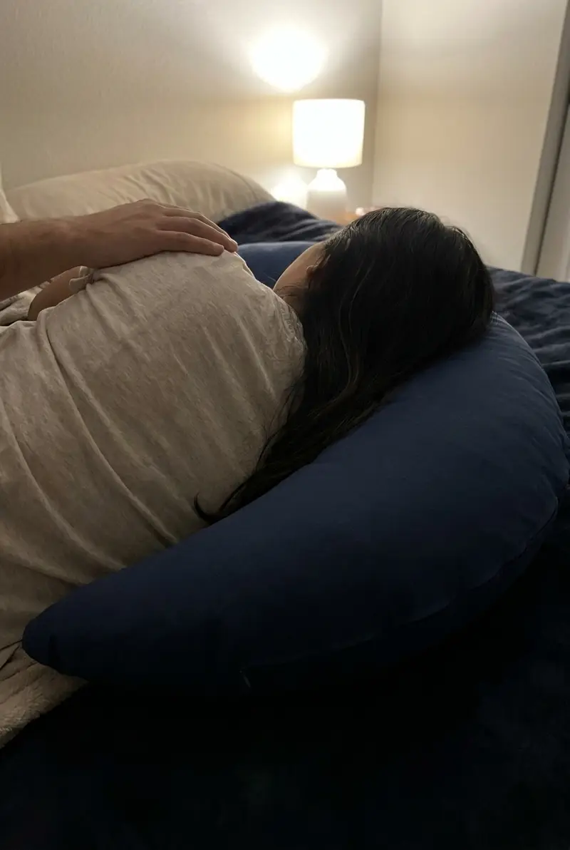 An expecting mother asleep in The Cove Pregnancy Pillow in Ink, a partner’s hand on her shoulder