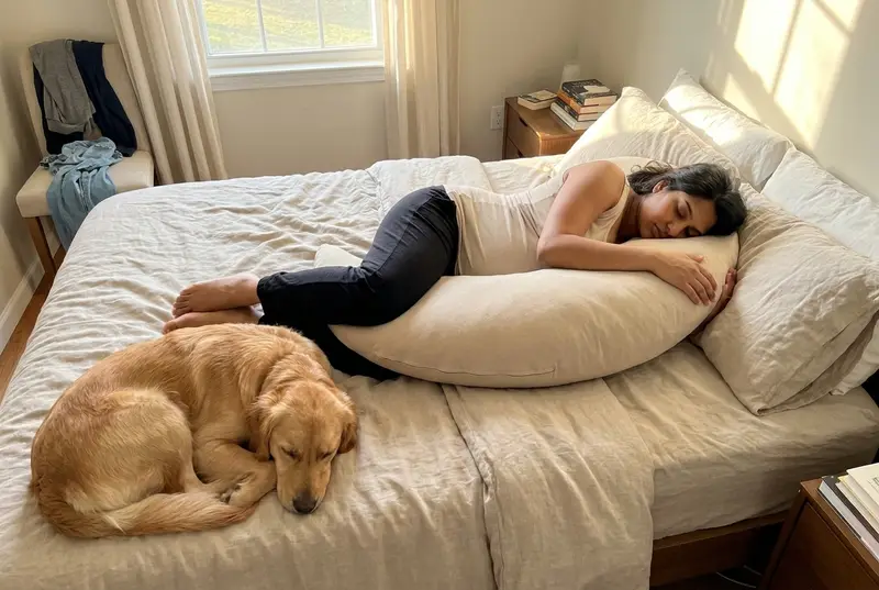 An expecting mother asleep in The Cove Pregnancy Pillow in Oat, a golden retriever at her feet