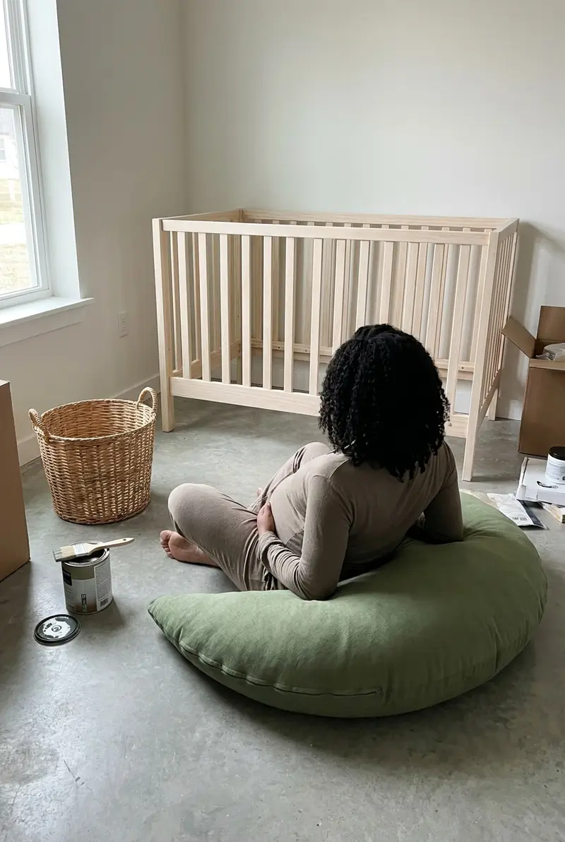 An expecting mother resting against The Cove Pregnancy Pillow in Moss in a nursery being set up